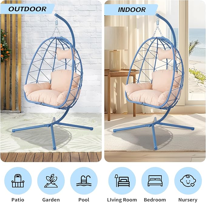 Hanging Egg Chair with Stand Outdoor Indoor Patio Rattan Swing Hammock Chairs with Washable Cushion PE Wicker Swing Chair for Backyard Bedroom Garden (Blue + Beige Cushion No Footrest)