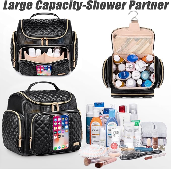Large Leather Toiletry Bag for Women MenBathroom BagWater Resistant Shower BagMakeup BagPortable Shower Caddy for College DormHanging Travel Toiletry Bag with Transparent Waterproof Phone Pocket