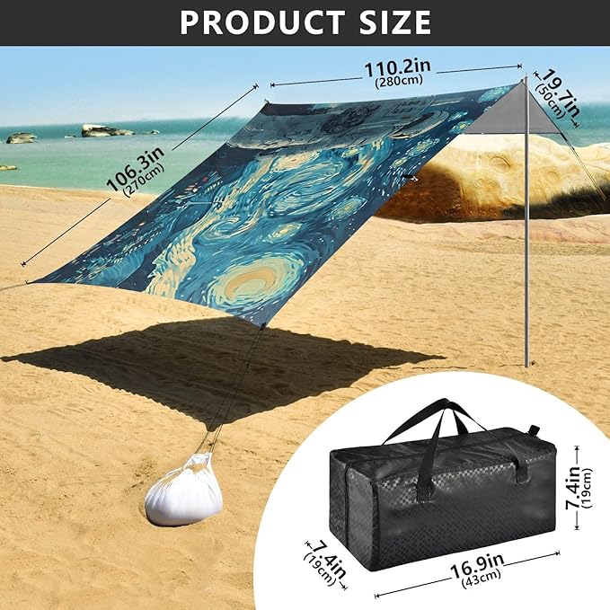 ALAZA Astronaut Starry Night Sky Beach Tent Sun Shelter UPF50+ Protection Beach Shade Canopy w/ 4 Sandbags for Outdoor Camping Fishing Backyard Fun Picnic 10x9 ft