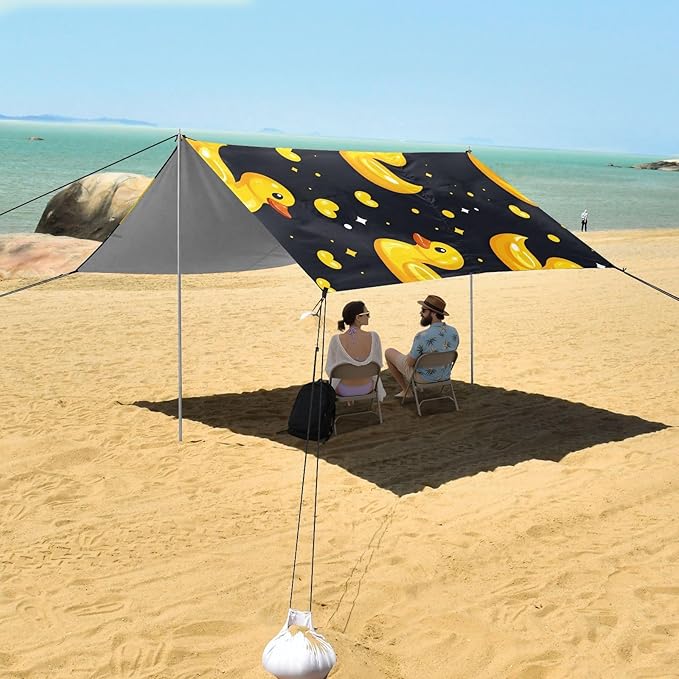 ALAZA Yellow Duck Heart Beach Tent Sun Shelter UPF50+ Protection Beach Shade Canopy w/ 4 Sandbags for Outdoor Camping Fishing Backyard Fun Picnic 10x9 ft