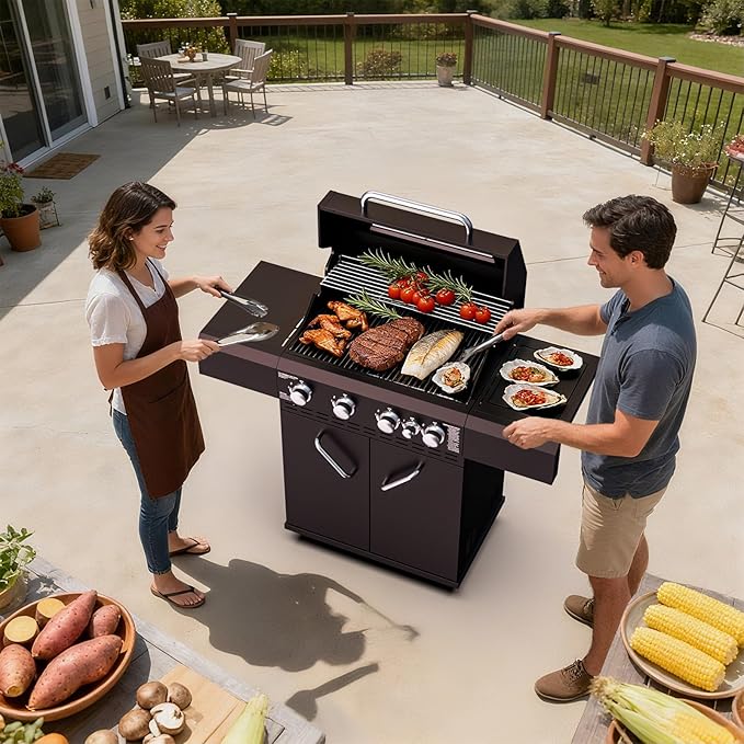 4 Burners Propane Gas Grill with Visual Glass 50000 BTU Propane Grill with Side Burner Double-Layer Lid Stainless Steel GrateOutdoor Cook BBQ Grill for Patio Camping Backyard
