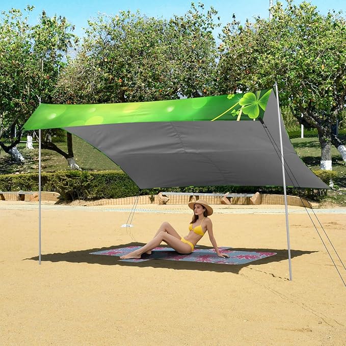 Beach Canopy with Windproof Ropes &amp Sandbags Beach Tent Sun Shade Sun Shelter for Camping Trips Fishing Backyard Fun or Picnics St. Patrick's Day Clover