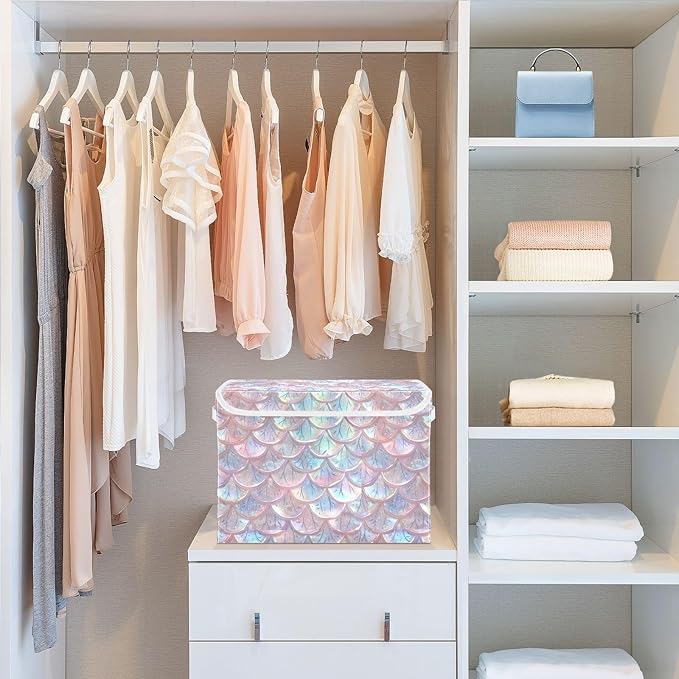 senya Baskets Collapsible Storage Bins with Lids Pastel Sheer Mermaid Scales Storage Boxes Clothes Baskets for Organizing B06D22020