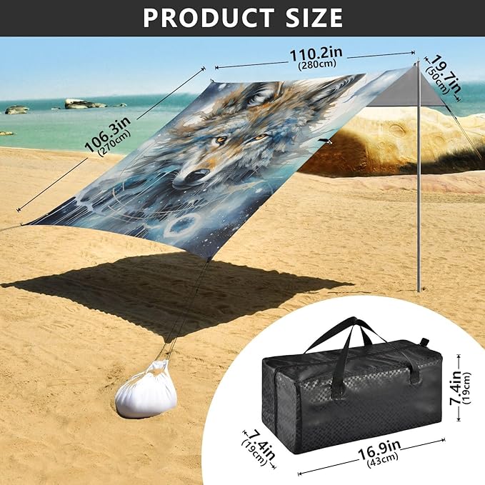 ALAZA Wolf Moon Galaxy Beach Tent Sun Shelter Portable Canopy Sunshade for Outdoor Camping Picnics Backyard Fun 10x9 ft