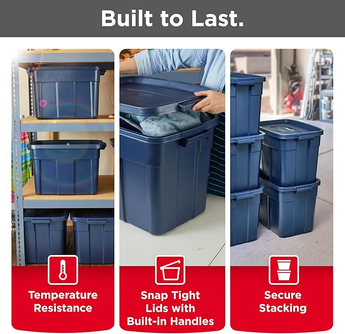 Rubbermaid Roughneck Tote 18 Gal 6 Pack Made in USA Dark Indigo Metallic Rugged Plastic Stackable Storage Bins with Lids and Handles