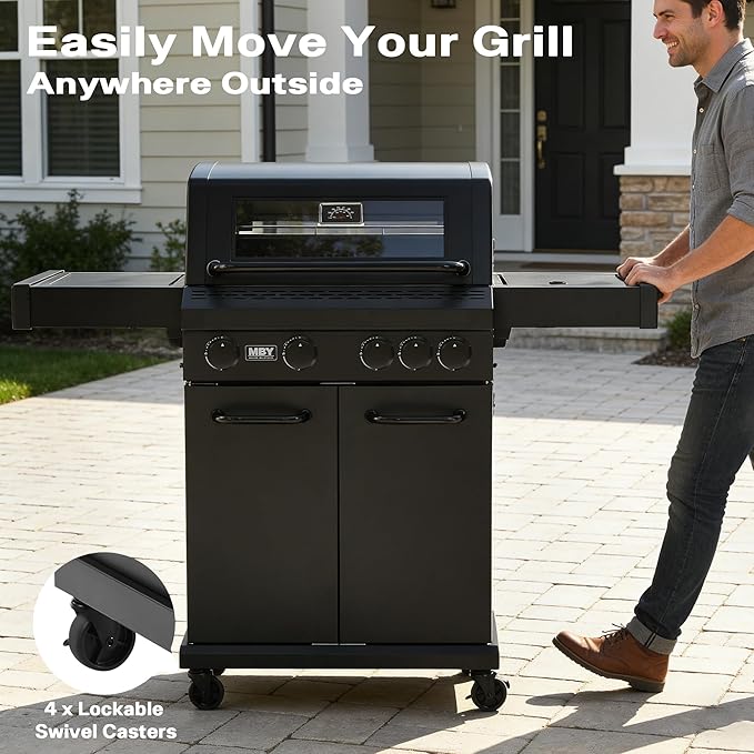 4 Burner Propane Gas Grill with 1 Side Burner 50000 BTU Outdoor BBQ Grill Heavy-Duty Steel Construction Cast Iron Cooking Grates &amp Griddle Backyard Patio Barbecue
