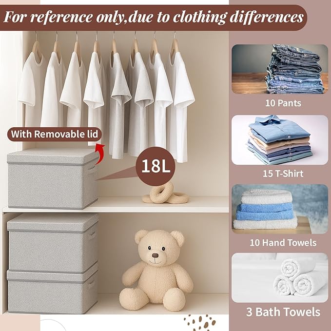 LemonRoad 6 Pack 14'' x 10'' x 8'' Collapsible Storage Cubes Bins with Removable Lids Fabric Closet Organizers with Handles Foldable Memory Boxes for Shelves Nursery Bedroom Home Closet Gray