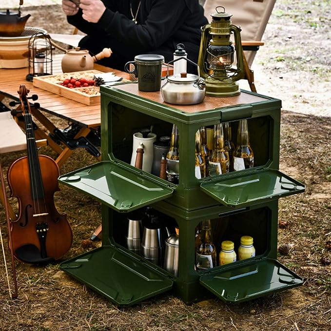 Folding Camping Storage Box with Wooden Lid Storage Bin Container with Wheels for Car Camping Picnic