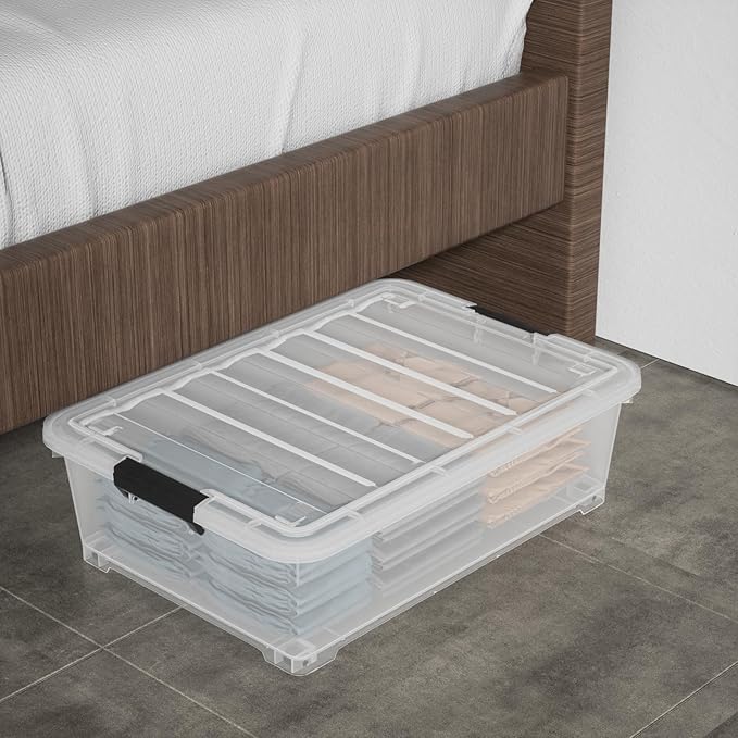 25 Quart Clear Underbed Storage Bins with Wheels Stackable Plastic Latching Bin with Lid 4 Packs