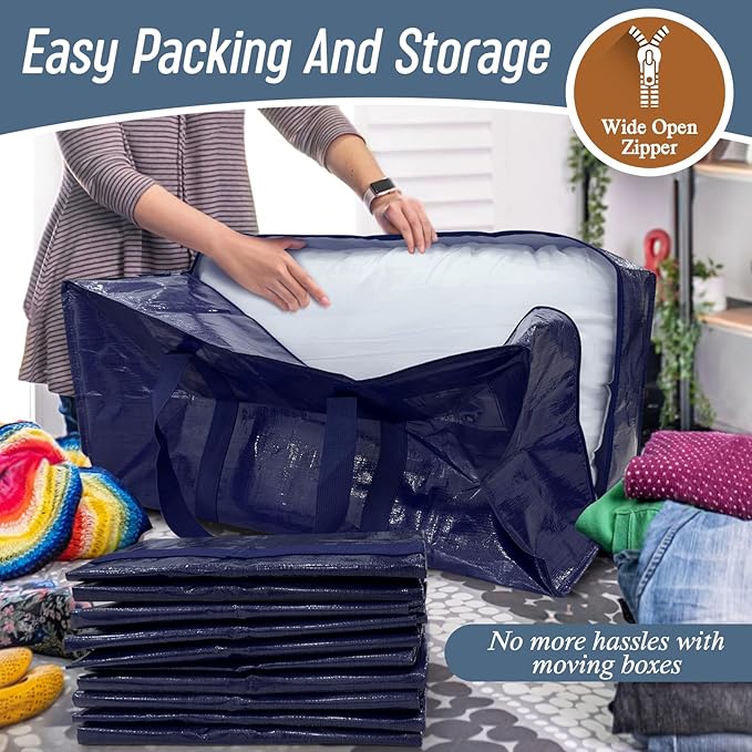 12 Pack Extra Heavy Duty Large Moving Bags with Strong Zipper &amp Comfortable Handles Sturdy &amp Durable Clothes Storage Bags Totes Bins Packing Moving Boxes for College Supplies Dark Blue