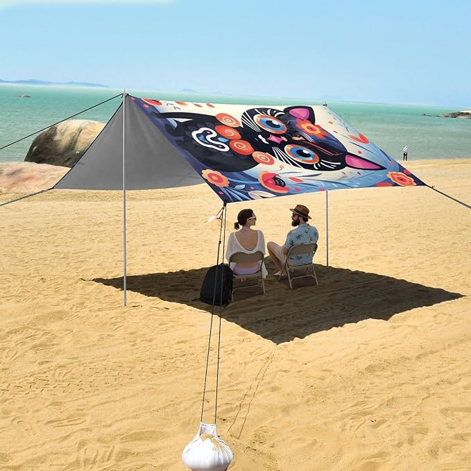 ALAZA Sugar Skull Cat Cute Beach Tent Sun Shelter UPF50+ Protection Beach Shade Canopy w/ 4 Sandbags for Outdoor Camping Fishing Backyard Fun Picnic 10x9 ft