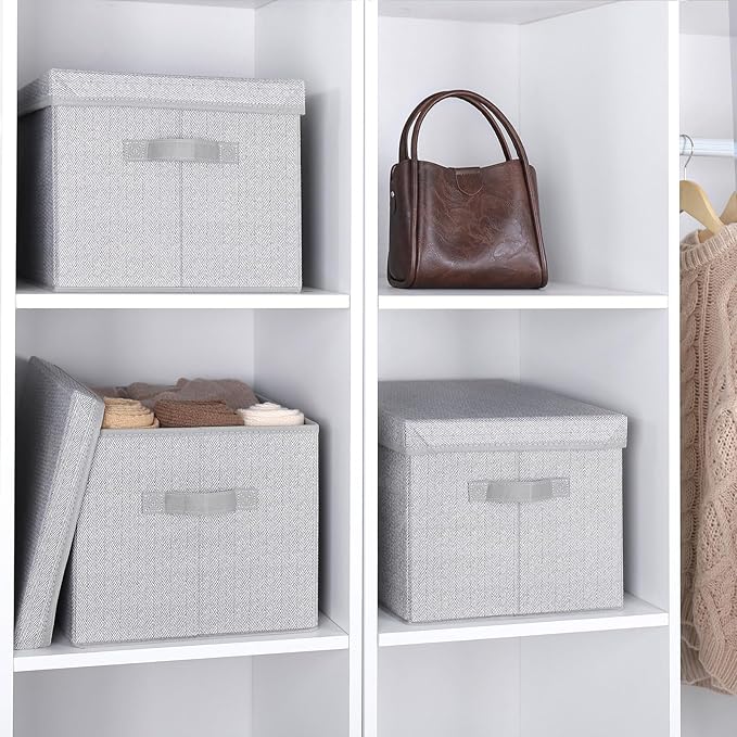 WUIKE 3 Pack Extra Large Foldable Storage Bins with Lids Fabric Storage Bins for Home and Closet Organization Herringbone Gray