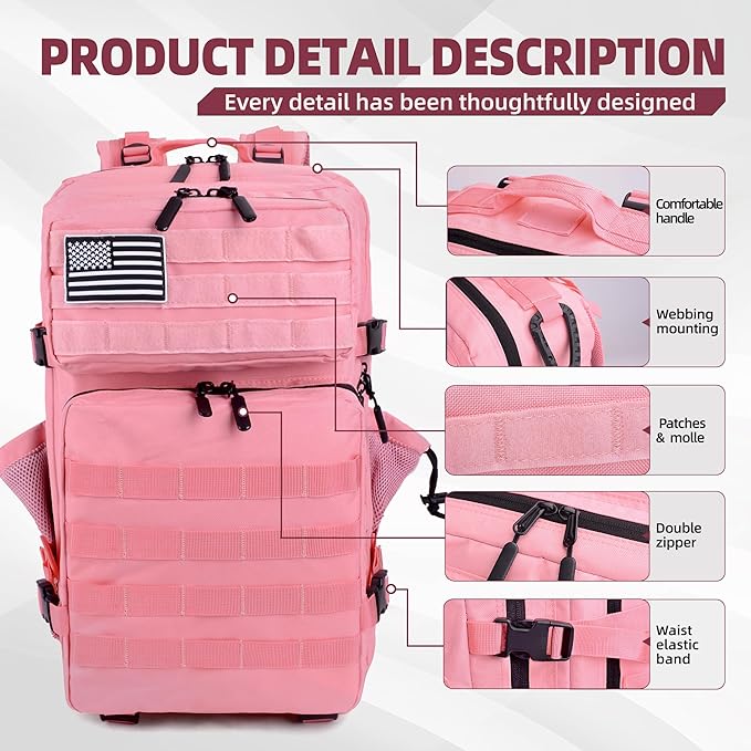 LUPU TACTICAL 45L Backpack for Men and Women 3 Days Assault Pack Outdoor Travel Hiking Camping Rucksack with Molle Webbing (Pink)
