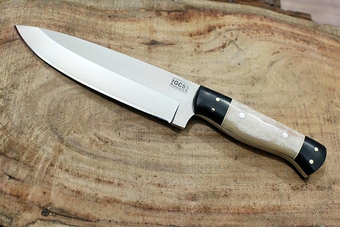 GCS Handmade D2 Tool Steel Bone Handle Hunting Skinning Camping Knife with Brown Leather Right or Left Hand Horizontal Fixed Blade Knife Sheath GCS207