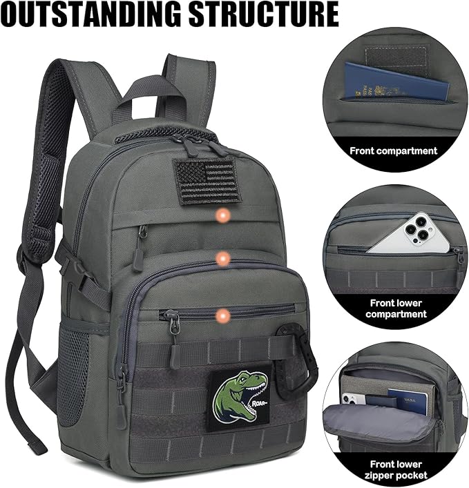 Kids Tactical Backpack Army Molle Bookbag Military Boys Backpack for School Outdoor Camping (Includes 2 Patches +1 Carabiner) Grey