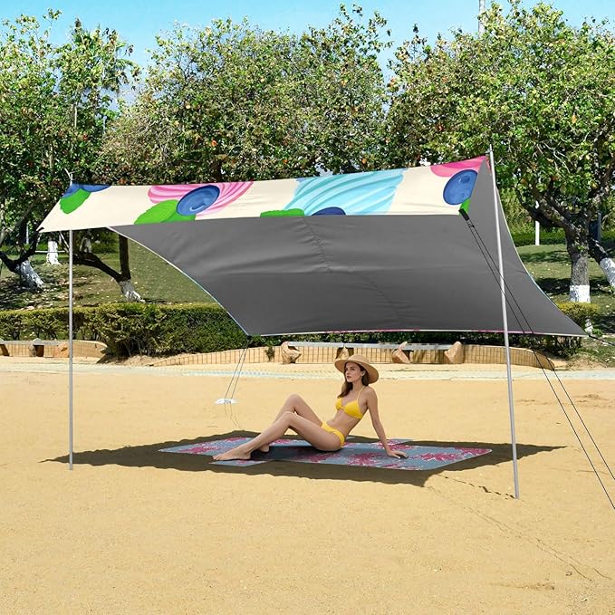 xigua Cake Beach Tent Sun Shelter with Carrying Bag - Silver Coated Oxford Fabric Beach Canopy for Beach Camping Fishing - Includes Windproof Ropes Sandbags &amp Stakes