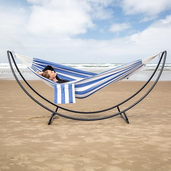 SUNCREAT Portable Large Hammock with Stand Two Person Hammock with Stand Included Patent Pending Blue White