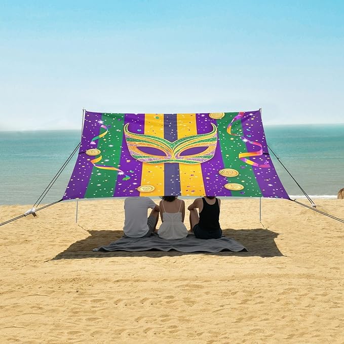 Mardi Gras Carnival Tie Coin Beach Cabana UPF50+ Protection Easy Setup Large Portable Sun Shelter with Sand Pockets for Backyard and Camping