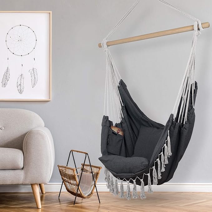 KOMOREBI Hammock Chair - Grey - 60 x 47 - Hanging Rope Swing for Indoor &amp Outdoor - Soft &amp Durable Cotton Canvas - 2 Cushions Included - Large Macrame Hanging Chair for Bedroom Patio Porch