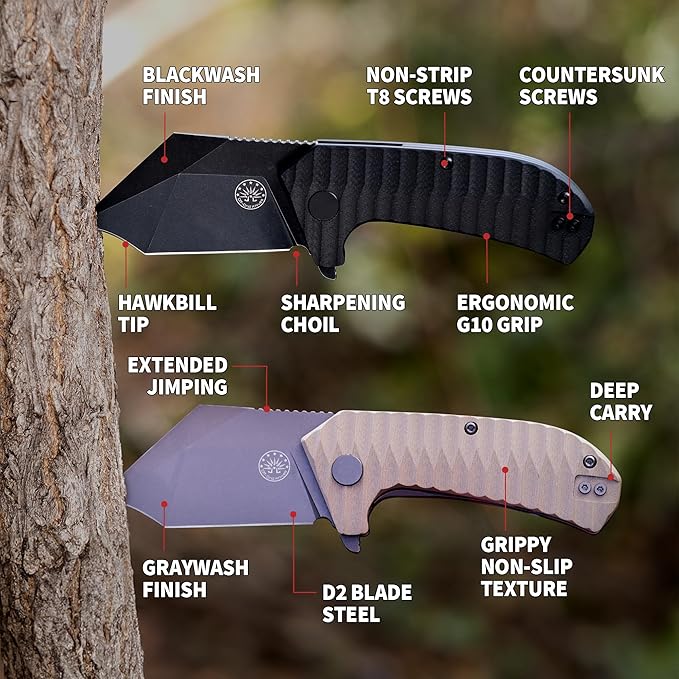 Off-Grid Knives - Raptor EDC Folding Knife with Tumbled Black D2 Steel Grippy G10 Bearings Deep Carry Left &amp Right Hawkbill Tip Stout Everyday Carry