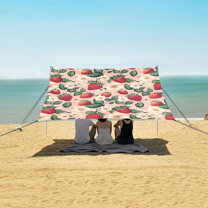 ALAZA Strawberry White Flower Pattern Beach Tent Sun Shelter Portable Canopy Sunshade for Outdoor Camping Picnics Backyard Fun 10x9 ft