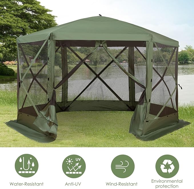 12x12 Hexagonal Pop-Up Gazebo Featuring Breathable Netting Mesh Panels and Thoroughly Shaded Comfortable Interior Easy Setup Green