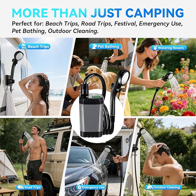 Camping Shower with Heater Portable – 6000mAh Rechargeable Hot Water Shower Pump with LED Display 3 Spray Modes for Outdoor Camping RV Pet Bath Car Wash Travel