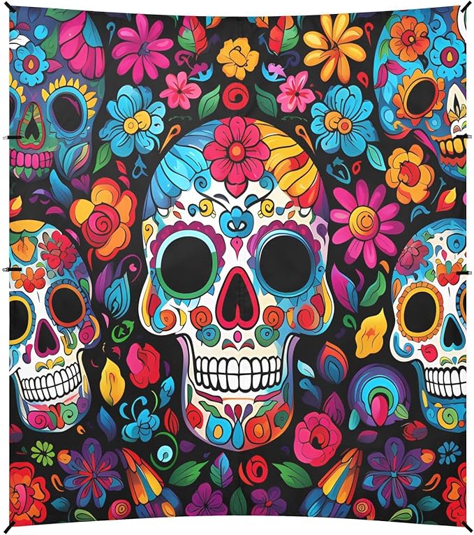 ALAZA Sugar Skull Day of Dead Beach Tent Sun Shelter UPF50+ Protection Beach Shade Canopy w/ 4 Sandbags for Outdoor Camping Fishing Backyard Fun Picnic 10x9 ft