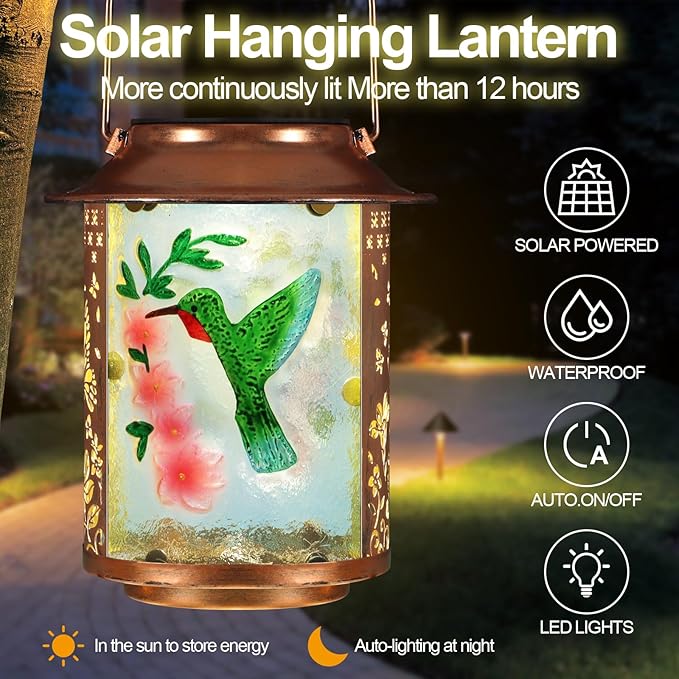 Solar Lanterns Outdoor WaterproofBirthday Gifts for Women Mom Grandma Garden DecorHanging Solar Lights Wall Mount Decorations for YardFront PorchPatioLawn Pathway Landscape(Hummingbird)