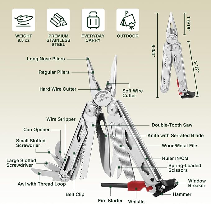 MOSSY OAK Multitool 19-in-1 Stainless Steel Multi Tool Pliers Self-locking EDC Gear with Sheath for Outdoor Survival Camping Hiking Father Day Gifts