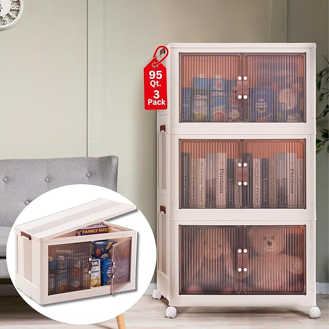 95 QT (285 QT Total) Stackable Storage Bins with Doors – 3 Tier Plastic Cabinet with Doors – Magnetic closure Foldable Storage Bins with Lids &amp Wheels –Collapsible Organizer with Leather Handles