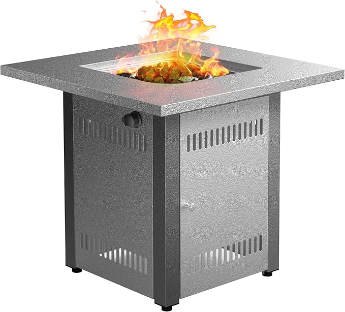 LEGACY HEATING Gas Fire Pit Table 28 inch Outdoor Propane Fire Pit Table 50000 BTU 28 Square Fire Table with Lid &amp Lava Rock Silver Grey Texture for Outside Patio Yard Party Balcony and Lawn