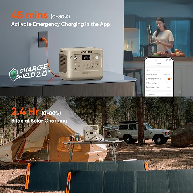 Jackery Solar Generator 1000 v2 with 200W Solar Panel 1070Wh Portable Power Station LiFePO4 Battery 1500W AC Output 1 Hr Fast Charge for Camping Emergency RV Off-Grid (Dune White)