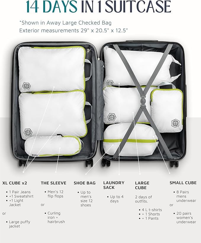 Large Compression Packing Cubes for Travel-Packing Cube Luggage Organizers 7 Piece Set for Checked Luggage-Ultralight Expandable/Compression Bags by TRIPPED Travel Gear (White/Green)