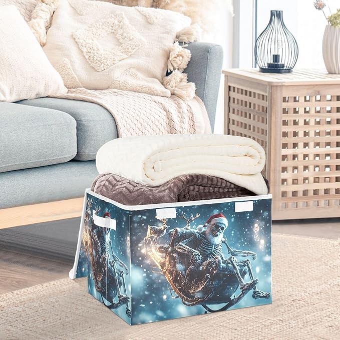Storage Cube with Lid Skeleton Christmas Santa Print 16.5×12.6×11.8 IN Collapsible Large Capacity Foldable Storage Basket Bin Organizer