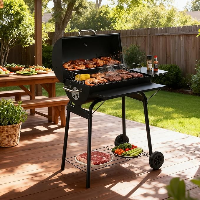 Outvita Barrel Charcoal Grill with Warming Rack Outdoor BBQ Grill with Side Front Table with Nearly 564 Sq.In. Cooking Grid Area for Backyard Patio Picnic Parties Camping Black
