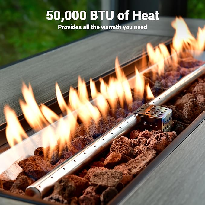 OVIOS 42 Inch Outdoor Patio Fire Pit Table 50000 BTU Heater Metal Steel Frame Propane Firepits with Ceramic Tabletop Waterproof Cover Lid Lava Rock Rectangular Black