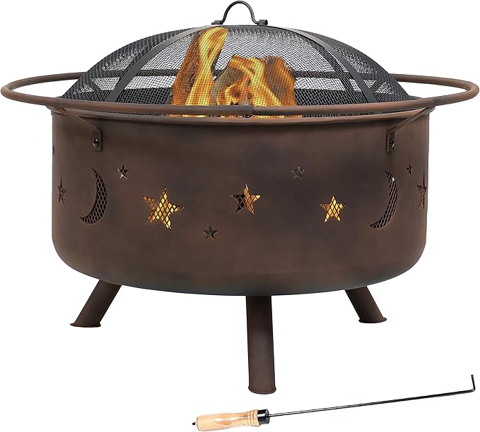 Sunnydaze Cosmic 30-Inch Patio Fire Pit for Outside - Outdoor Wood-Burning Fire Pit with Grill Grate Spark Screen and Fireplace Poker