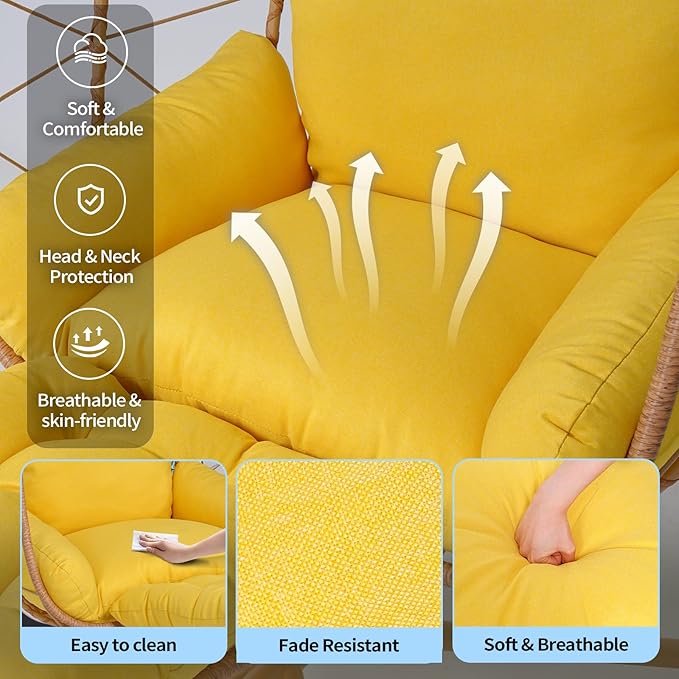Hanging Egg Chair with Stand Outdoor Indoor Patio Rattan Swing Hammock Chairs with Washable Cushion PE Wicker Swing Chair for Backyard Bedroom Garden (Yellow + Yellow Cushion with Footrest)