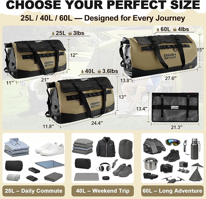 OSAH DRYPAK Waterproof Duffel Bag 25L/40L/60L – Heavy-Duty Motorcycle Tail Bag Roll-Top Dry Bag for Travel Camping Boating Kayaking Outdoor Adventure