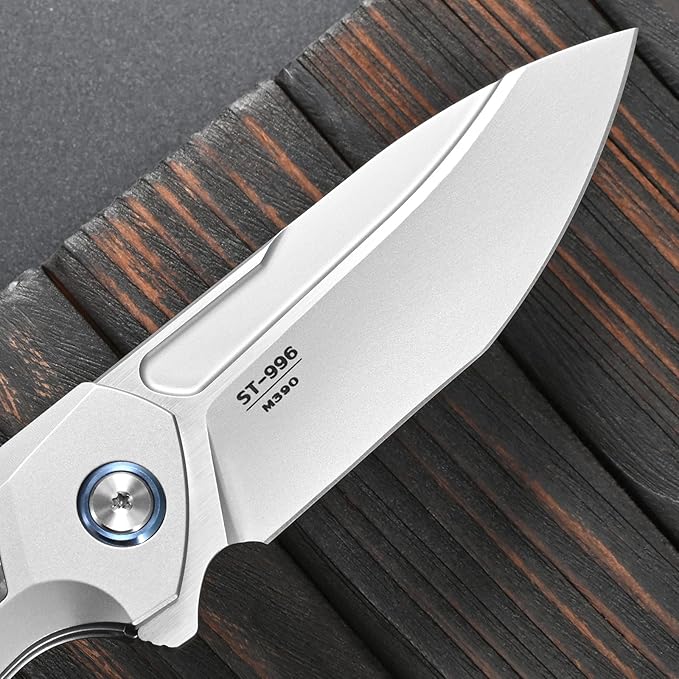 Sitivien ST996 Folding KnifeHandmade M390 Pearlescent Polishing BladeTitanium &amp Carbon Fiber Handle Pocket Knife for Outdoor CampingHikingHunting(Gray)