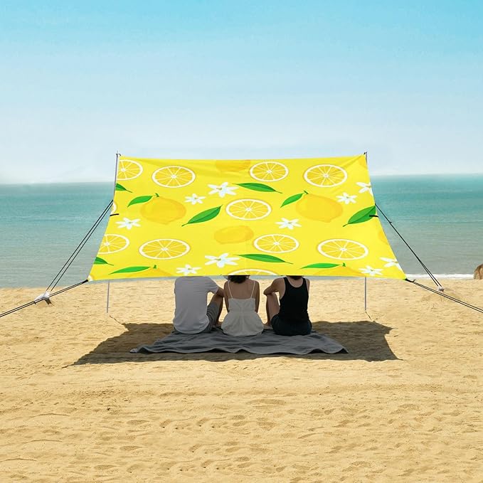 Beach Canopy with Windproof Ropes &amp Sandbags Beach Tent Sun Shade Sun Shelter for Camping Trips Fishing Backyard Fun or Picnics Lemons