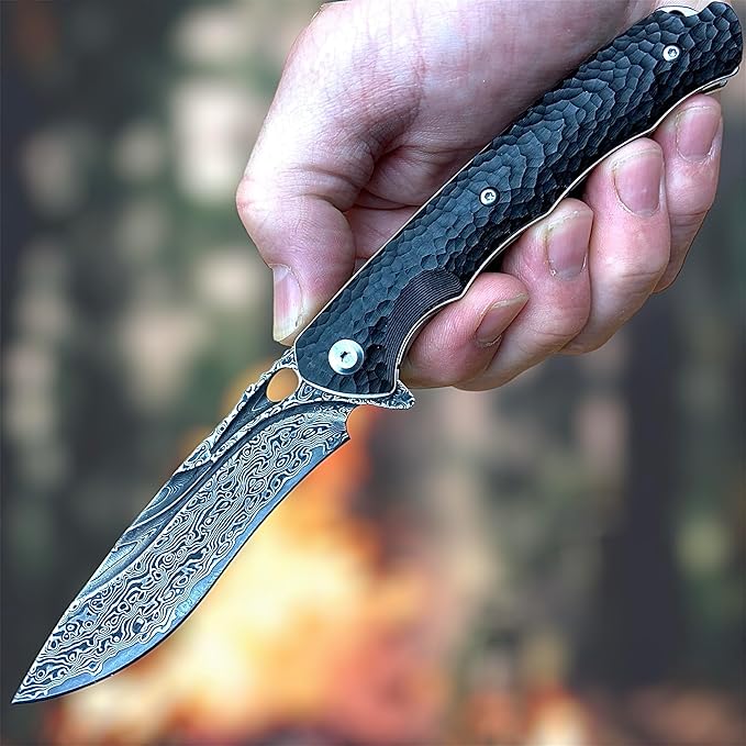 TACTICAL GEARZ Damascus Steel Pocket Knife for EDC Ebony (Black) Wood Handle Multi-Layered Damascus Steel Blade (Krato XT Beast Bundle)