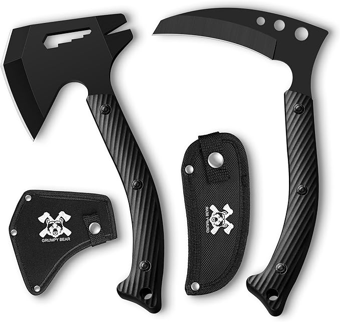 Grumpy Bear Tactical Axe Sickle Set Survival Axe Sharp Tomahawk with Sheath Portable Tomahawk Durable Survival Hatchet for Emergency Hiking and Camping for Men Women