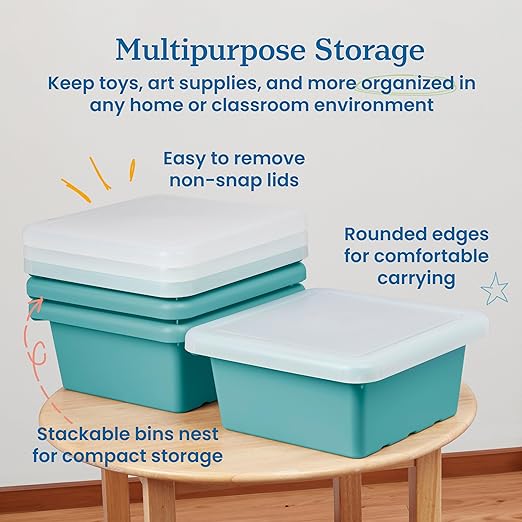 ECR4Kids Stackable Square Bins with Non-Snap Lids Multipurpose Organization Seafoam 4-Pack