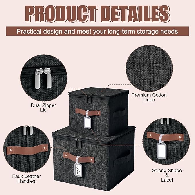 6 Pack Fabric Closet Storage Bins with Zipper Lids and Label 10×8×7In Large Size Foldable Cotton Linen Storage Cubes Boxes with PU Leather Handles Holders for Bedroom Shelf Nursery Black