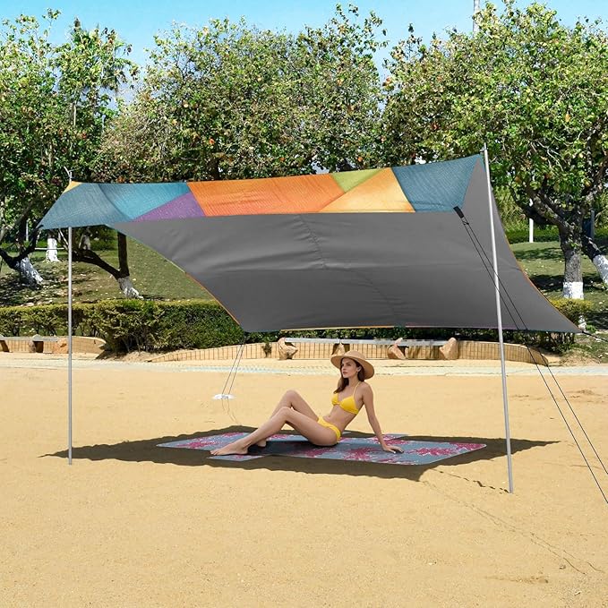 Gray Tie-dye Background Rainbow Colors Beach Tent &amp Canopy UPF50+ Protection Lightweight Sun Shelter with Sandbags Sand Shovel Poles for Family Trips Picnics &amp Camping