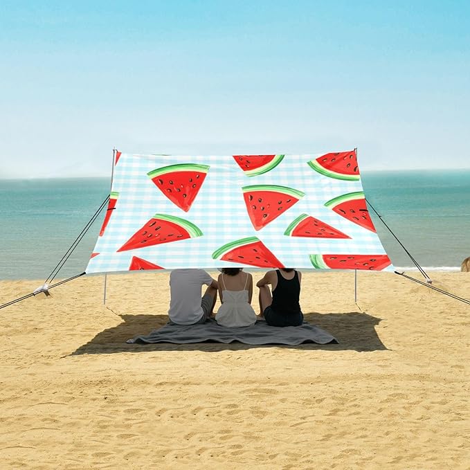 xigua Watermelon Beach Tent Sun Shelter with Carrying Bag - Silver Coated Oxford Fabric Beach Canopy for Beach Camping Fishing - Includes Windproof Ropes Sandbags &amp Stakes