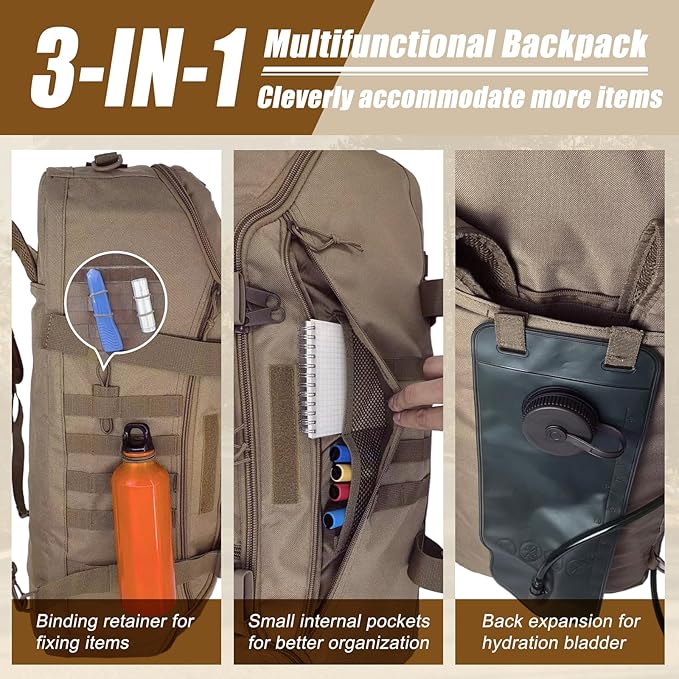55L Large Travel Gym Duffle Bag Military Tactical Backpack Army Pack 3 Day Bug Out Bag Rucksack for Outdoor Sport Hiking Camping with Molle System Coyote