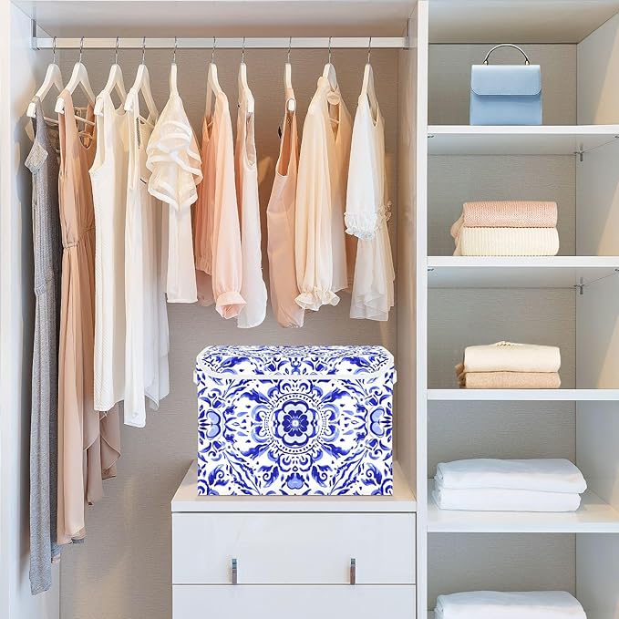 Blue Ornamental Pattern Lidded Storage Bins with Handles - 16.5x12.6x11.8 Foldable Organizing Box Oxford Fabric &amp Honeycomb Board Dust-Proof Flip Lid for Closet/Office